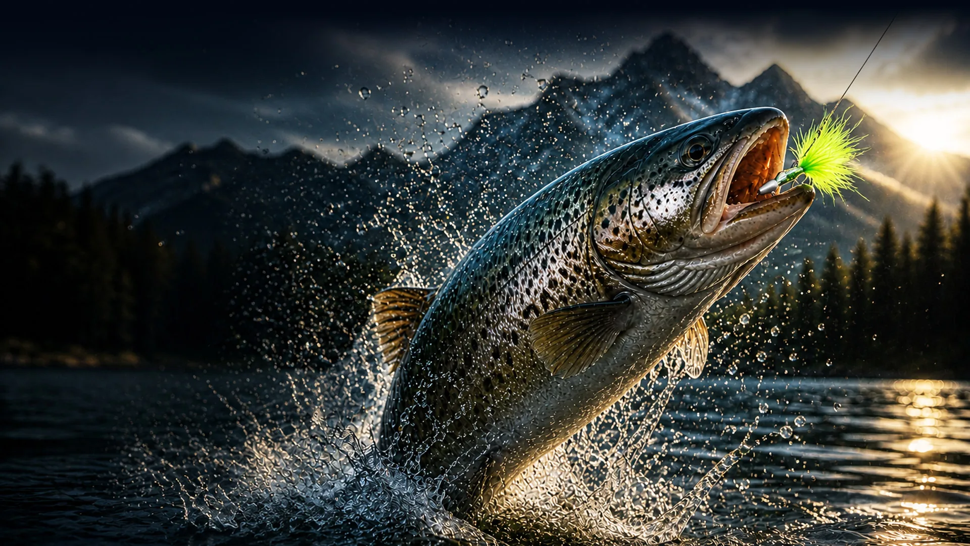 Trophy trout striking a chartreuse FishHawk Jig